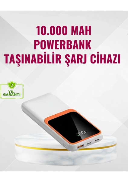 Powerbank 10000 Mah – Çift USB Çıkışlı, Type-C Girişli, Şık Beyaz Tasarım