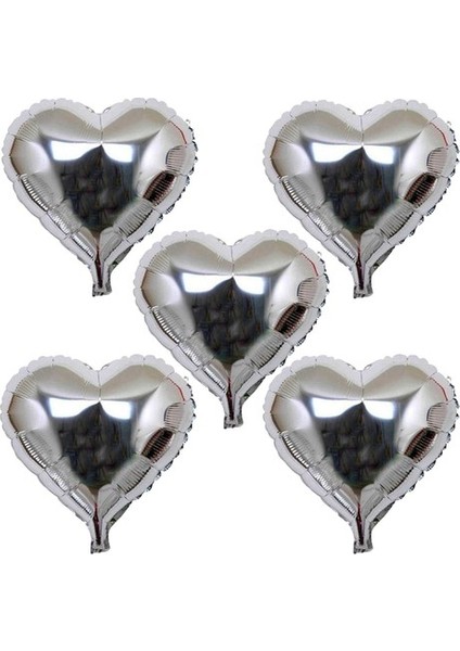 Kalp Şekilli Gümüş Renk Folyo Balon 45 cm 5 Adet (5358)