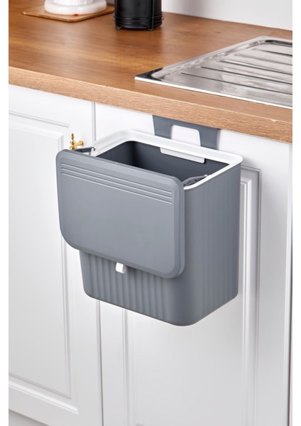 15 Lt Mutfak Tezgah Üstü ve Dolap Askılı Çöp Kovası Gri