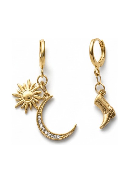 Çelik Asimetrik Sallantılı Küpe | Güneş Ay Bot Kararmaz Takı