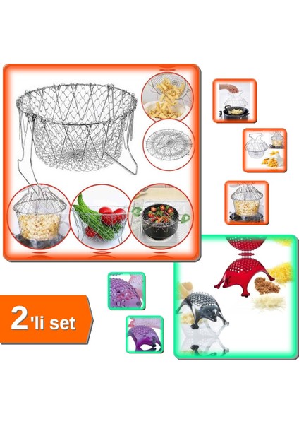 Katlanır Çok Fonksiyonlu Kızartma Haşlama Süzgeç Chef Basket + Kirpi Tasarımlı Rende - 2li Set X5C5Q
