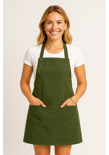 Mutfak Önlüğü Leke Tutmaz Su Itici Kumaş Çıtçıtlı Boyun Askılı Cepli Önlük