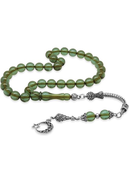 Kararmaz Metal Ayyıldız Püsküllü Küre Kesim Su Yeşili Ateş Kehribar Tesbih