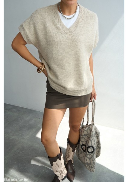 Kadın V Yaka Kısa Kol Triko Süveter fiyatları