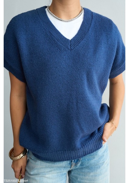 Kadın V Yaka Kısa Kol Triko Süveter