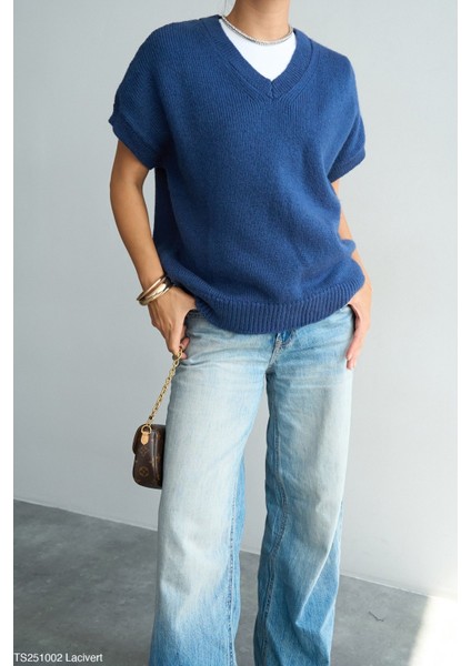 Kadın V Yaka Kısa Kol Triko Süveter modelleri