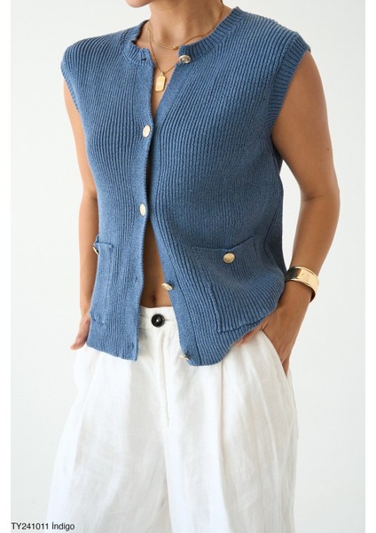 Kadın Altın Düğmeli V Yaka Kolsuz Triko Cepli Yelek fiyatları