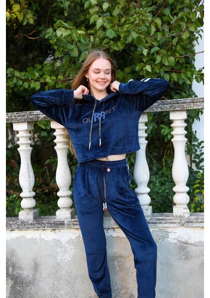 Giyim Kadın Kadife Kapşonlu Eşofman Takım Lacivert