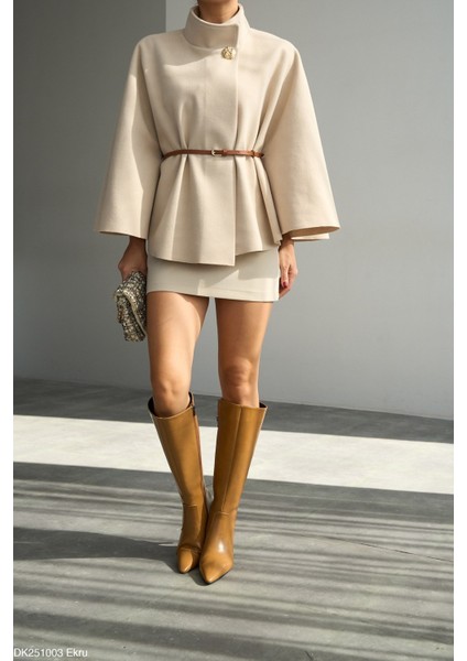 Kadın Şık Pelerin Kesim Kemerli Panço