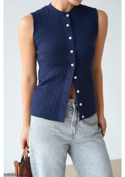 Kadın Bisiklet Yaka Fitilli Triko Yelek