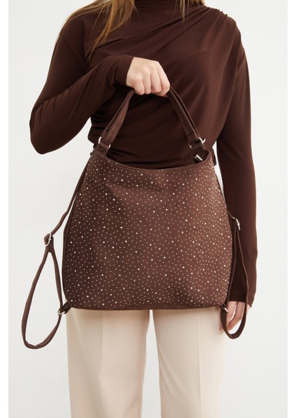 Taş Işlemeli Süet Kol ve Sırt Çantası