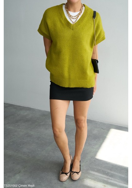 Kadın V Yaka Kısa Kol Triko Süveter