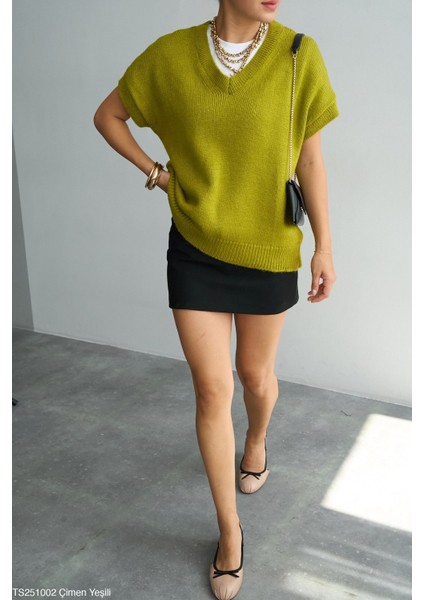 Kadın V Yaka Kısa Kol Triko Süveter fiyatları