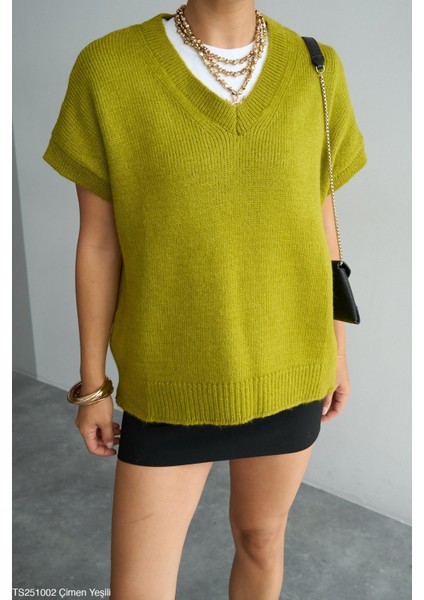 Kadın V Yaka Kısa Kol Triko Süveter modelleri