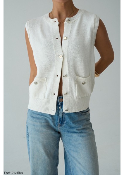 Kadın Altın Düğmeli V Yaka Kolsuz Triko Cepli Yelek fiyatları