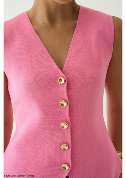 Kadin Altin Düğmeli̇ V Yaka Kolsuz Tri̇ko Yelek fiyatları