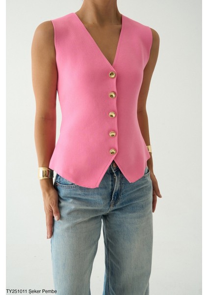 Kadin Altin Düğmeli̇ V Yaka Kolsuz Tri̇ko Yelek modelleri