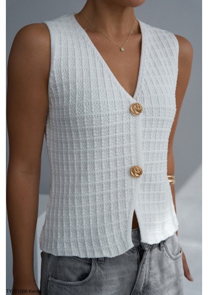 Kadın Altın Düğmeli V Yaka Kolsuz Triko Yelek