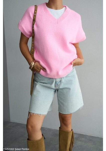Kadın V Yaka Kısa Kol Triko Süveter fiyatları