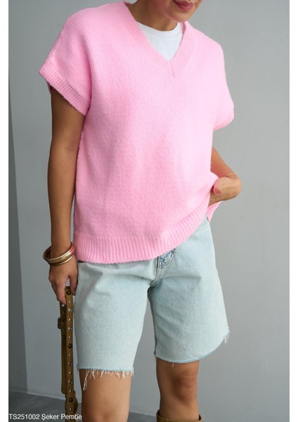 Kadın V Yaka Kısa Kol Triko Süveter modelleri