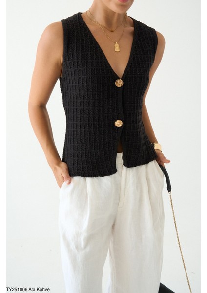 Kadın Kare Desen Düğmeli Triko Yelek fiyatları