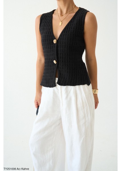 Kadın Kare Desen Düğmeli Triko Yelek modelleri