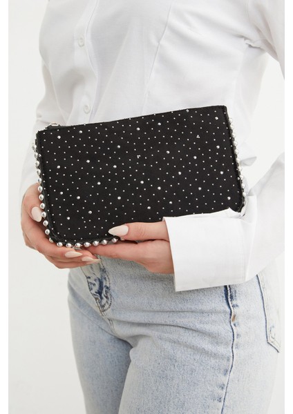 Taşlı Zincir Askılı Süet Kol Çantası