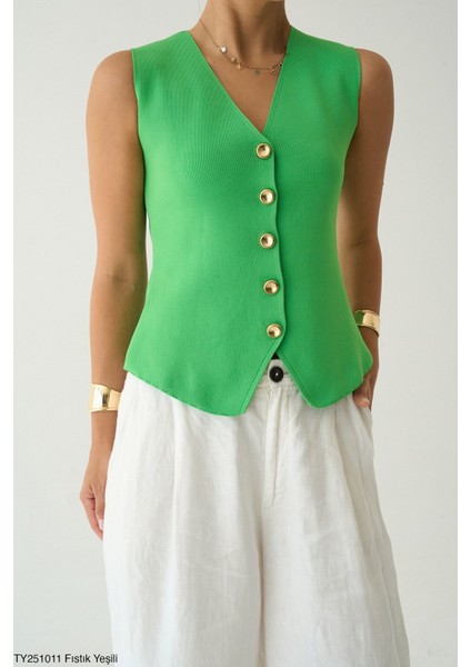 Kadın Altın Düğmeli V Yaka Kolsuz Triko Yelek