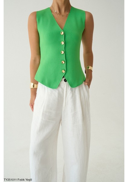 Kadın Altın Düğmeli V Yaka Kolsuz Triko Yelek fiyatları