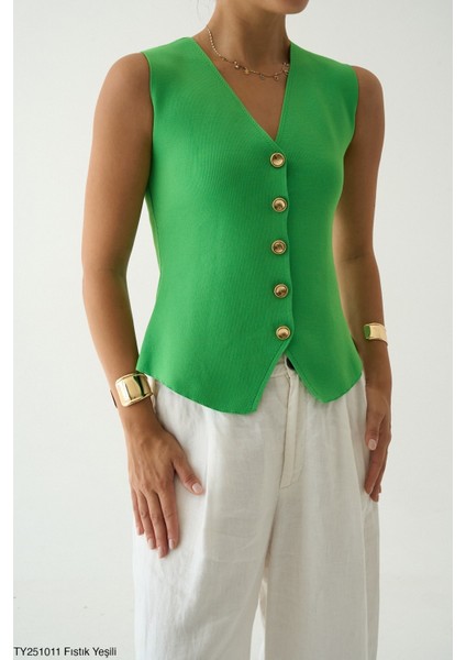 Kadın Altın Düğmeli V Yaka Kolsuz Triko Yelek modelleri