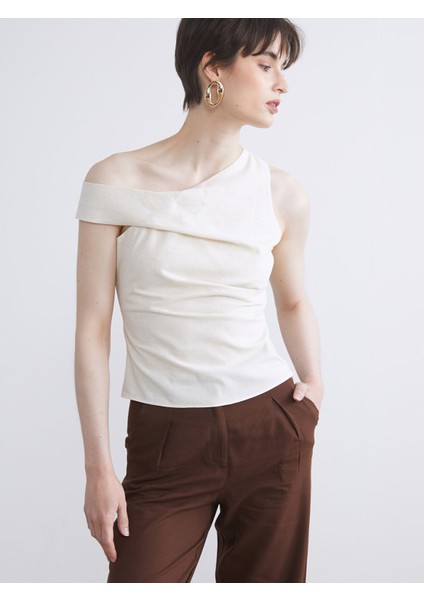 Yeni Sezon Tek Omuz Keten Karışımlı Bluz