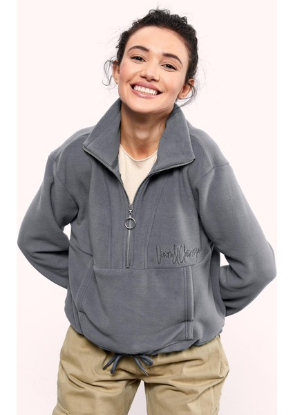 Gri Melanj Yarım Fermuar Etek Ucu Büzgülü Kadın Polar Oversize Sweatshirt - 97171