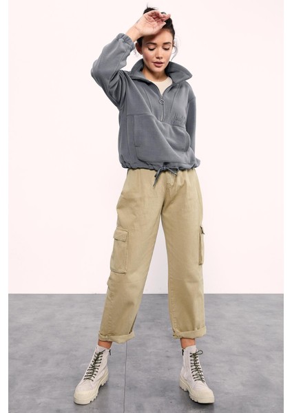 Gri Melanj Yarım Fermuar Etek Ucu Büzgülü Kadın Polar Oversize Sweatshirt - 97171