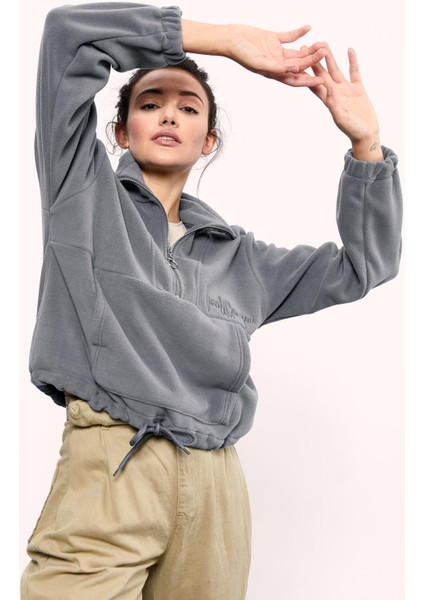 Gri Melanj Yarım Fermuar Etek Ucu Büzgülü Kadın Polar Oversize Sweatshirt - 97171