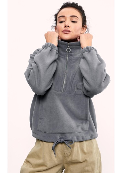 Gri Melanj Yarım Fermuar Etek Ucu Büzgülü Kadın Polar Oversize Sweatshirt - 97171