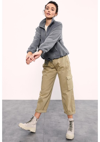 Gri Melanj Yarım Fermuar Etek Ucu Büzgülü Kadın Polar Oversize Sweatshirt - 97171