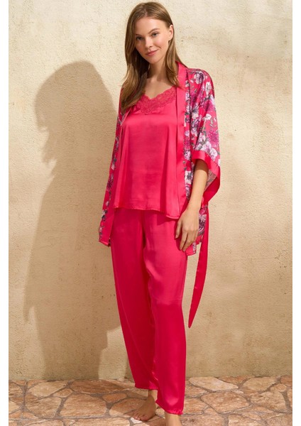 Saten Çiçek Baskılı Sabahlık Dantelli Atlet ve Pantolon Pijama 3lü Takım