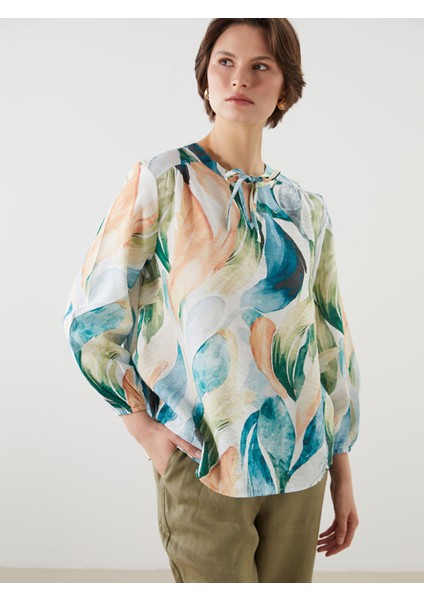 Yeni Sezon Bağlamalı Yaka Desenli Bluz