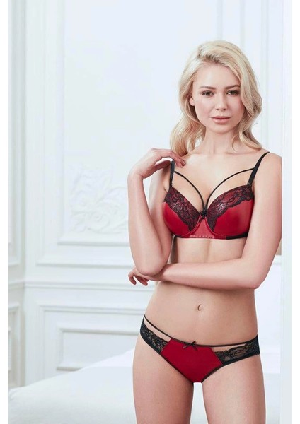 Bicomi Deri Görünümlü Balenli Destekli Dolgulu Askıları Çıkabilen Yaka Detaylı Sütyen ve Slip Takım fiyatları