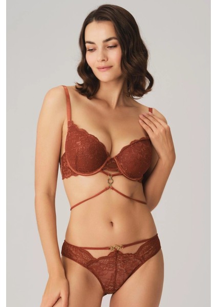 Bicomi Balenli Destekli Dolgulu Göbek Detaylı Dantelli Sütyen ve Slip Takım