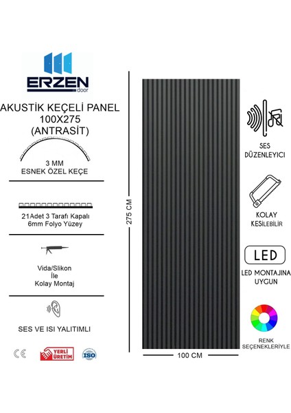 Mdf Akustik Keçeli Duvar Paneli , Tv Ünitesi Lambirisi, Vestiyer Lambirisi 100X275 (Antrasit)