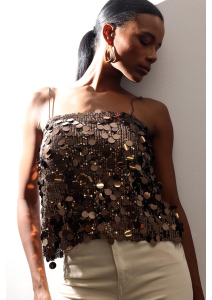 Kahverengi Pullu Askılı Bluz 071777