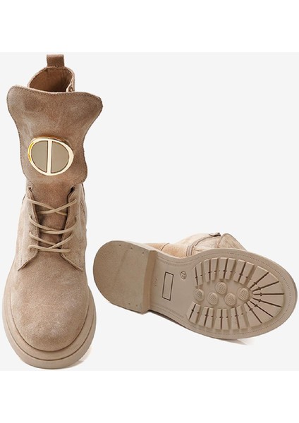 Kadın Bej Hakiki Deri Military Bot 3K2DB32820S