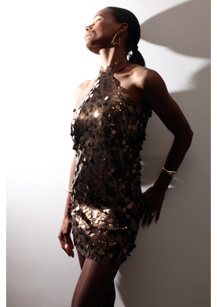 Kahverengi Halter Yaka Payetli Elbise 111653