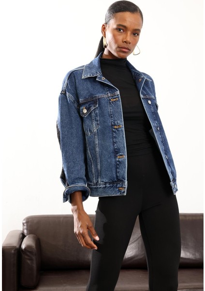 Mavi Dantel Detaylı Kot Ceket