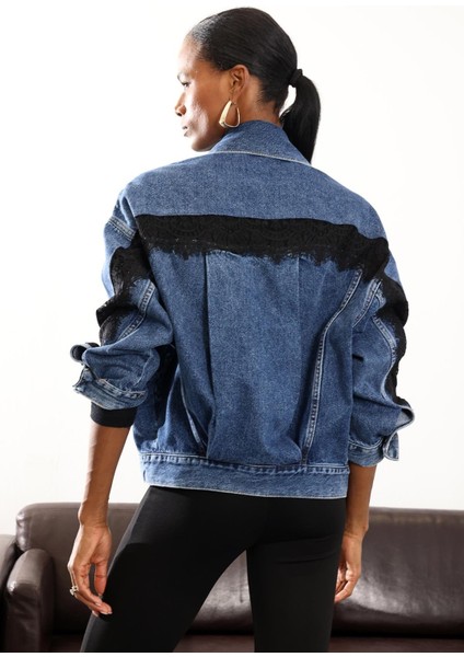 Mavi Dantel Detaylı Kot Ceket