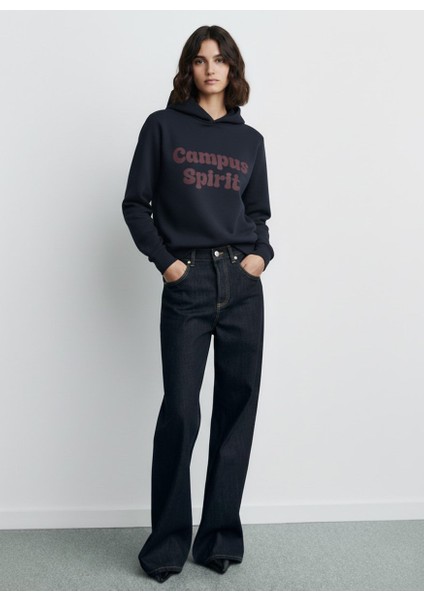 Uzun Kollu Kapüşonlu Slogan Baskılı Lacivert Sweatshırt