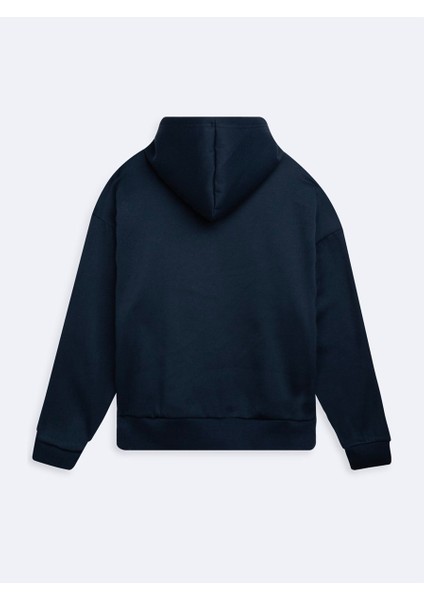 Uzun Kollu Kapüşonlu Slogan Baskılı Lacivert Sweatshırt fiyatları