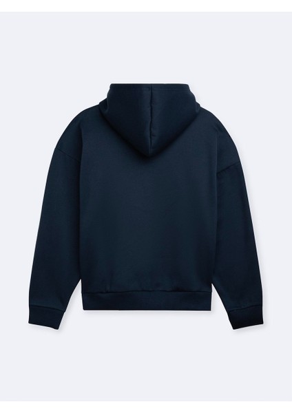 Uzun Kollu Kapüşonlu Slogan Baskılı Lacivert Sweatshırt modelleri