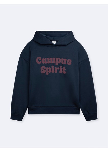 Uzun Kollu Kapüşonlu Slogan Baskılı Lacivert Sweatshırt fırsatları